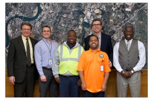 From left to right: Kyle Hauth, CEO, Orange Grove Center; Adam Welsh, job developer; Anthony Sheppard, Intern; Clayton Beal, Intern; Mayor Andy Berke; and Employment Services Coordinator, O'Dell Tiller.